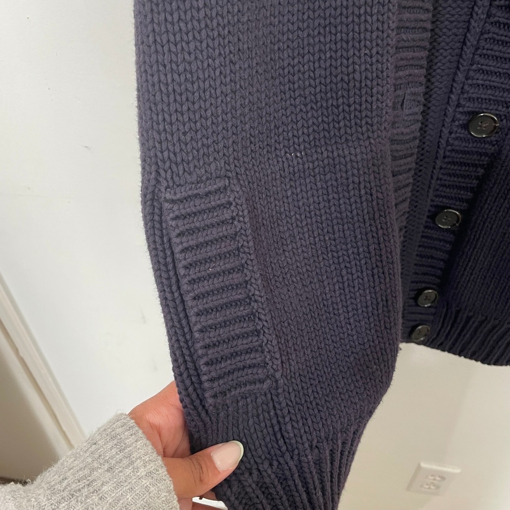 Lands End Navy Blue Chunky Knit Mock Neck Button Front Cardigan Sweater Womens S - Picture 3 of 7